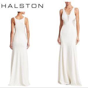 HALSTON HERITAGE Sleeveless Crepe & Stripe Appliqué Gown
